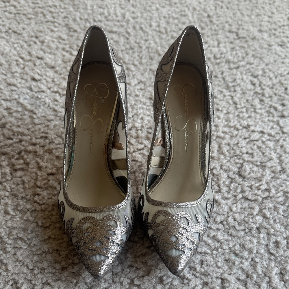 Jessica Simpson Metallic and Cream Heels